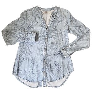 Naf Naf Paris Chambray Button Up Y2K 90s Womens Top Medium Leaves All Over Print